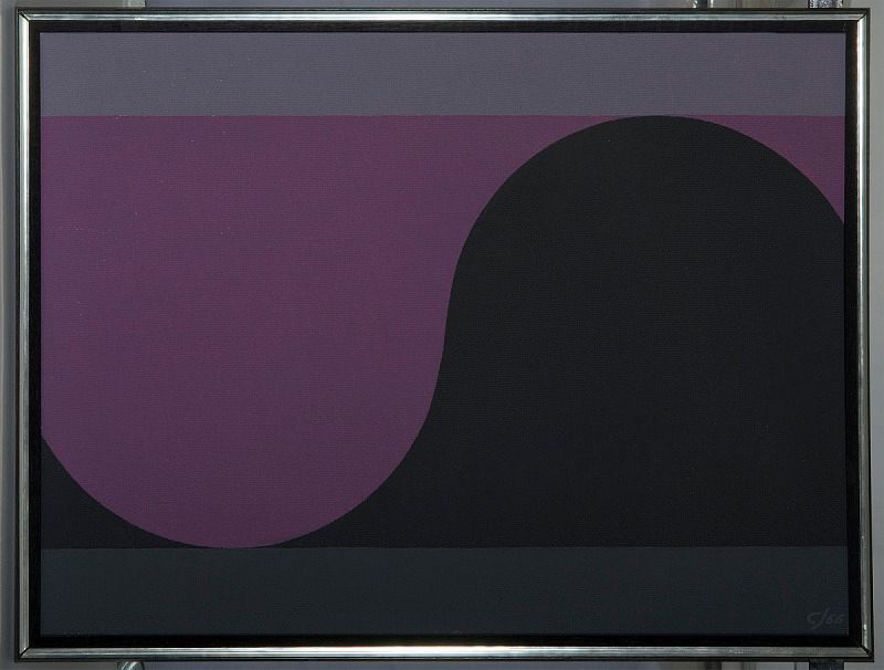 A photo of a painting showing a dark purple curve in the top left giving way to a black curve in the bottom right.